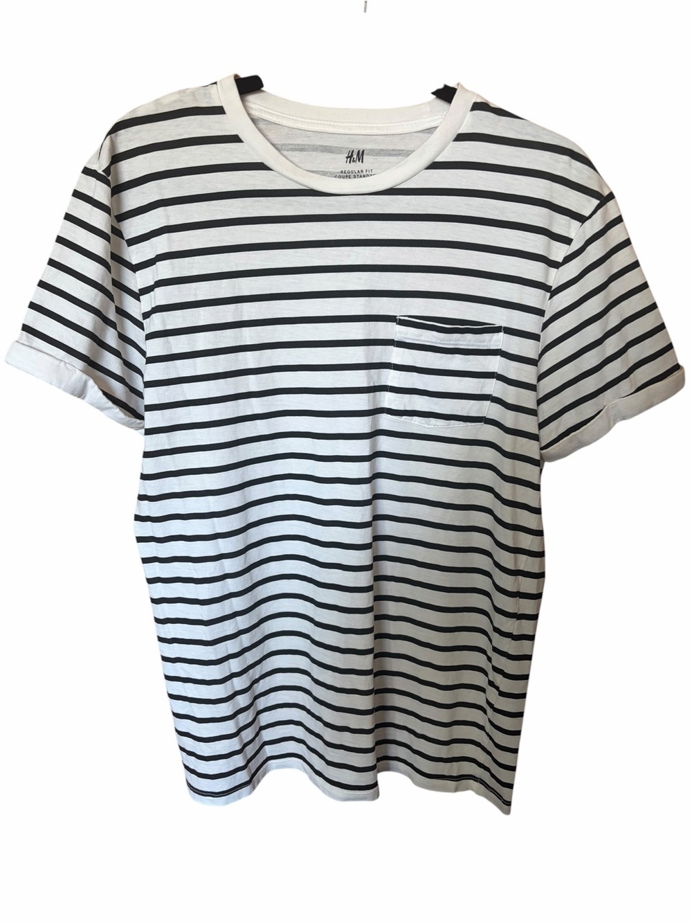 H&M White Tee with Black Horizontal Stripes and Chest Pocket